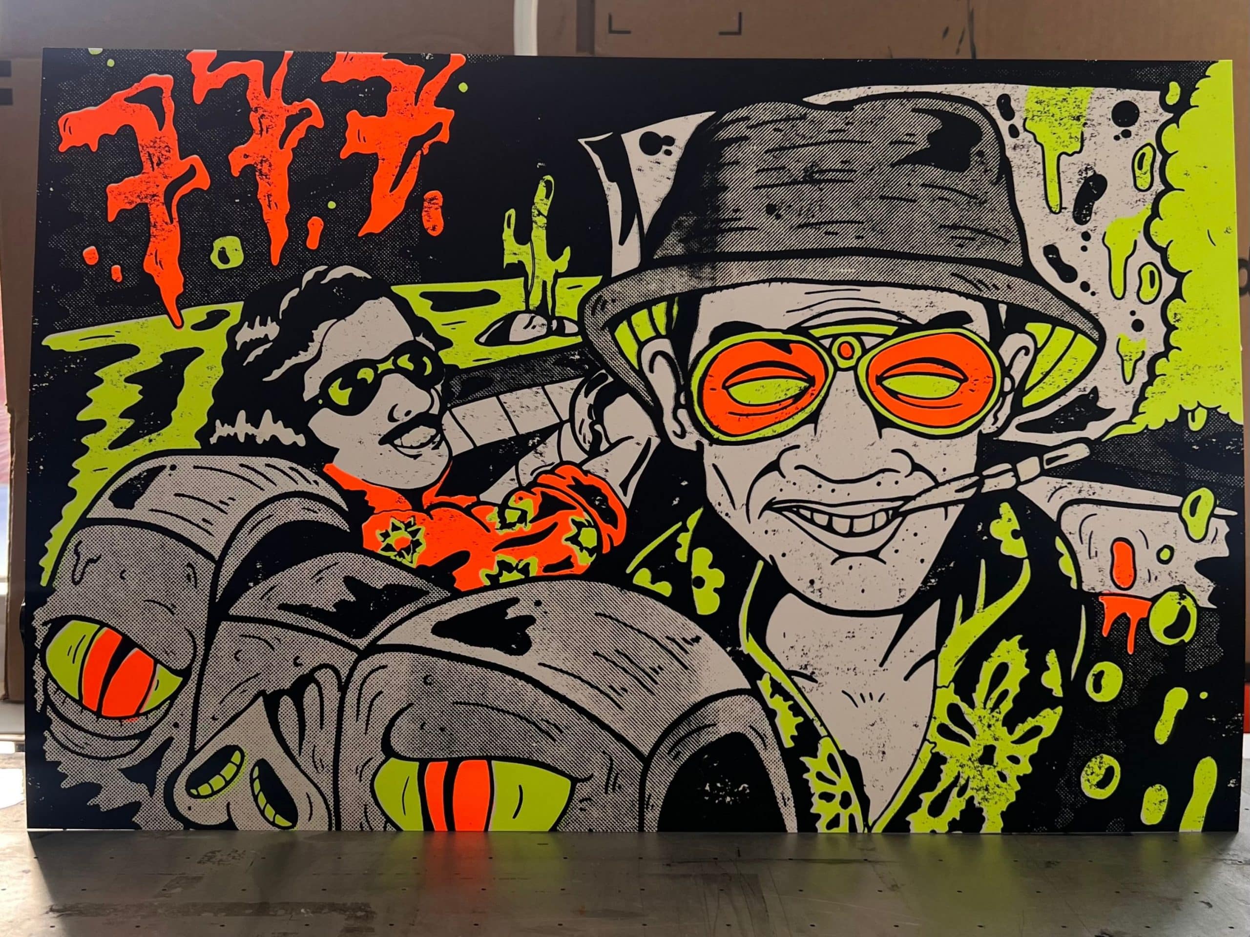 Full view of psychedelic bat country screen print fan art printed by hand