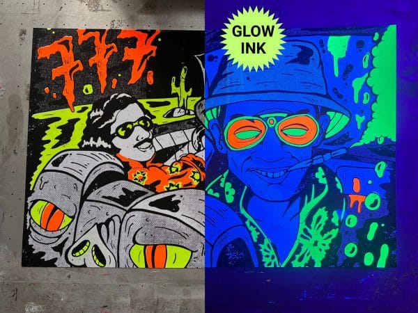 Psychedelic hand-pulled screen print inspired by the bat country scene from Fear and Loathing in Las Vegas with a split view photo of glow-in-the-dark ink