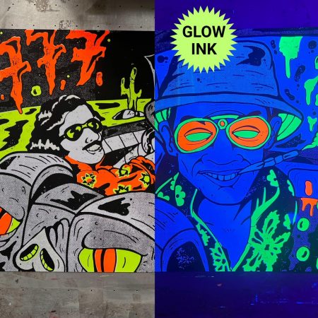 Psychedelic hand-pulled screen print inspired by the bat country scene from Fear and Loathing in Las Vegas with a split view photo of glow-in-the-dark ink
