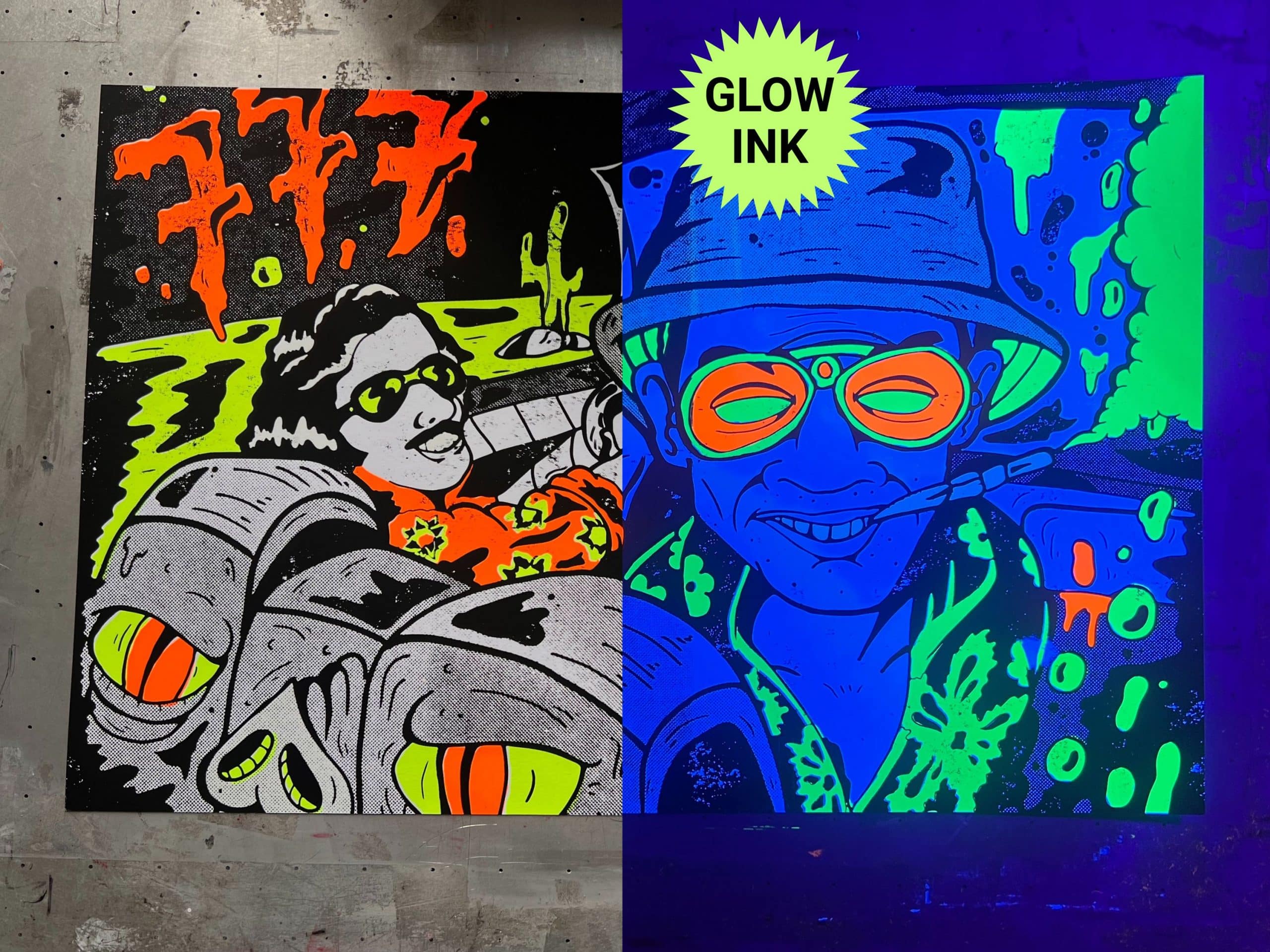 Psychedelic hand-pulled screen print inspired by the bat country scene from Fear and Loathing in Las Vegas with a split view photo of glow-in-the-dark ink