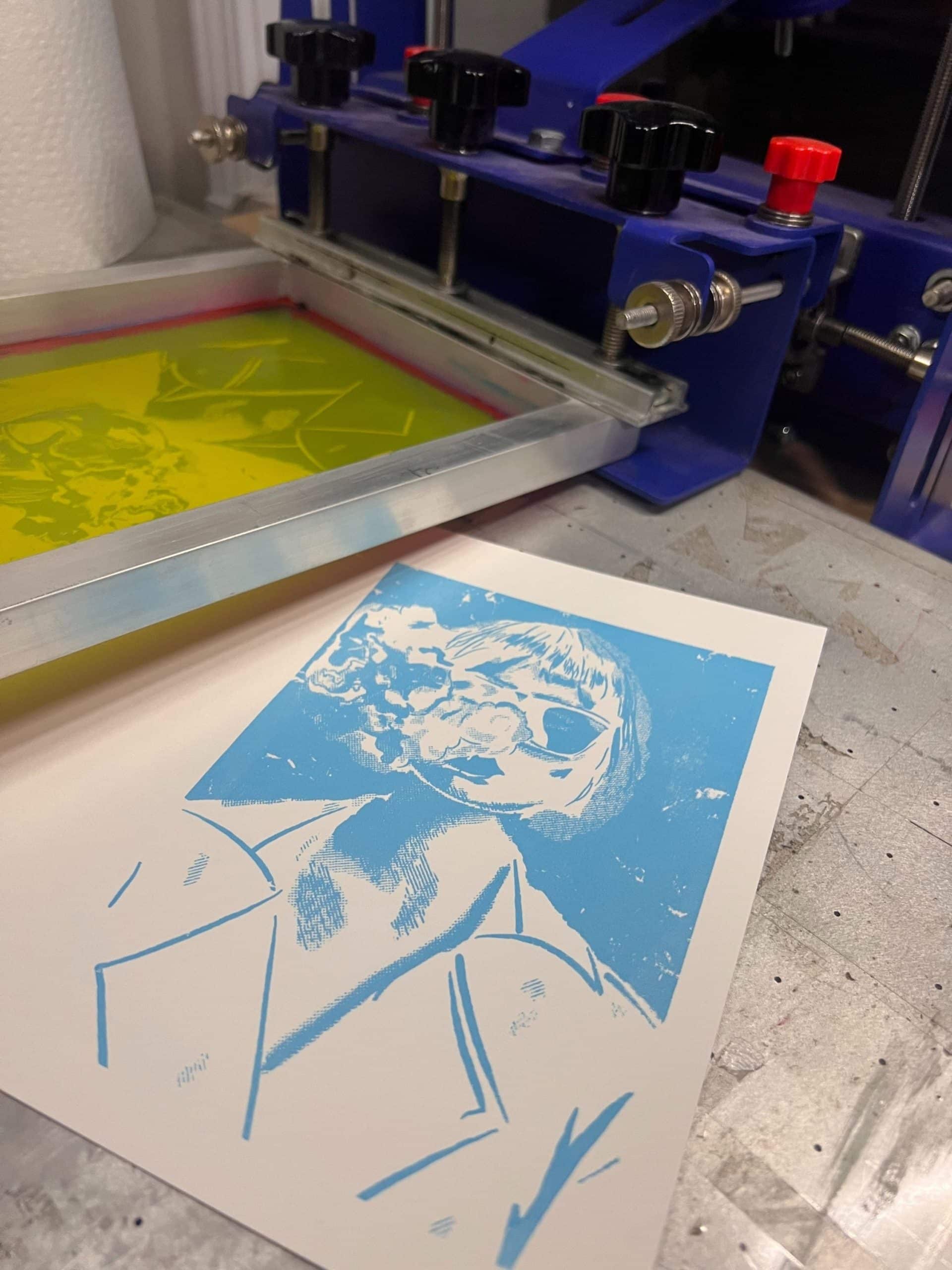 First color layer of a two-color screen printed punk girl artwork showing black ink linework before second color