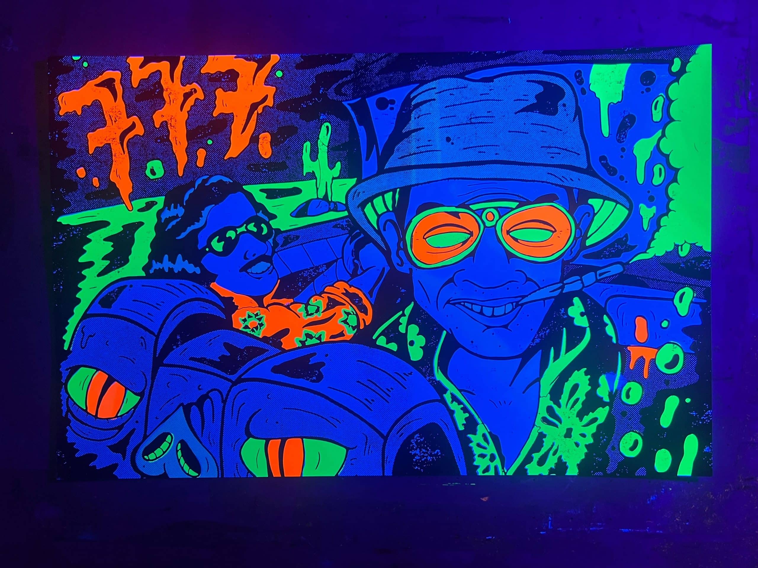 Glow-in-the-dark white ink reacting under black light on psychedelic screen print