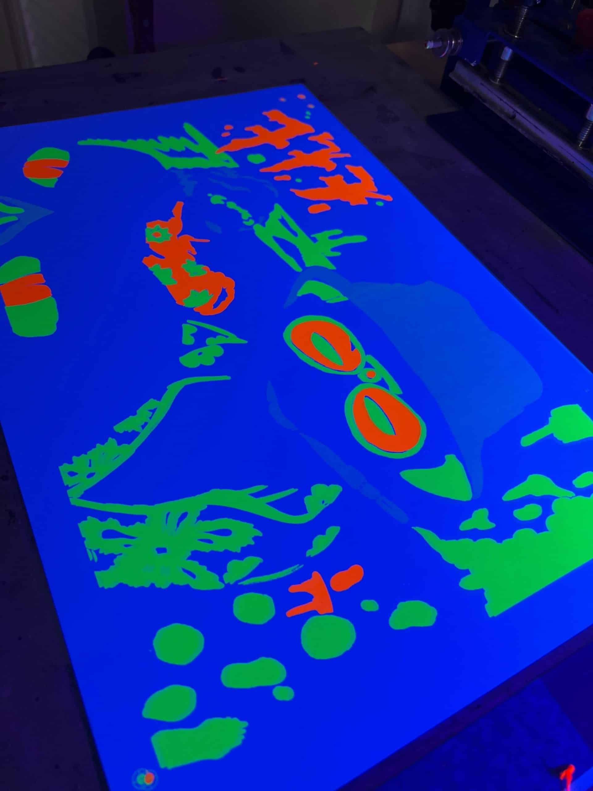 Orange and green ink layers on psychedelic screen print fan art