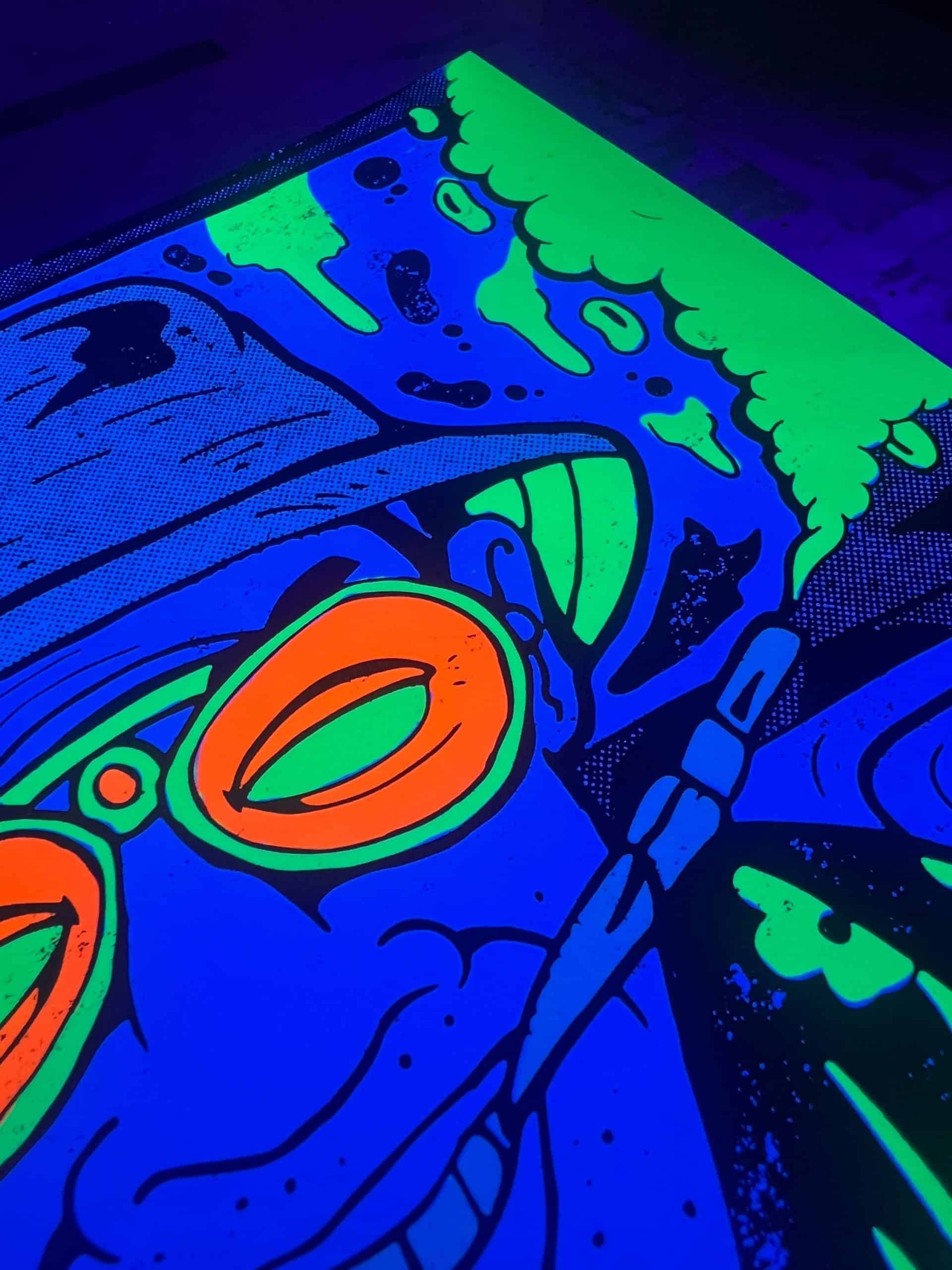 Close-up of glowing white ink details on psychedelic bat country screen print