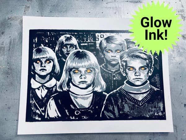 Glow in the dark horror screen print inspired by Children of the Corn with glowing eyes