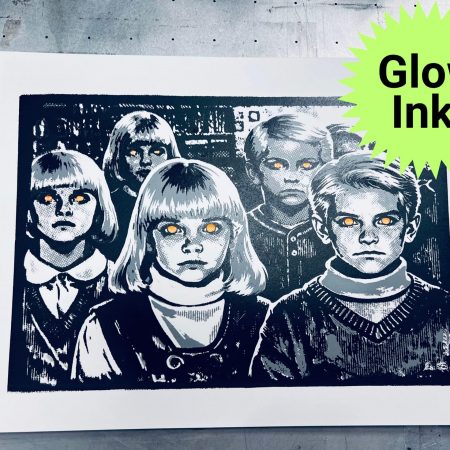 Glow in the dark horror screen print inspired by Children of the Corn with glowing eyes