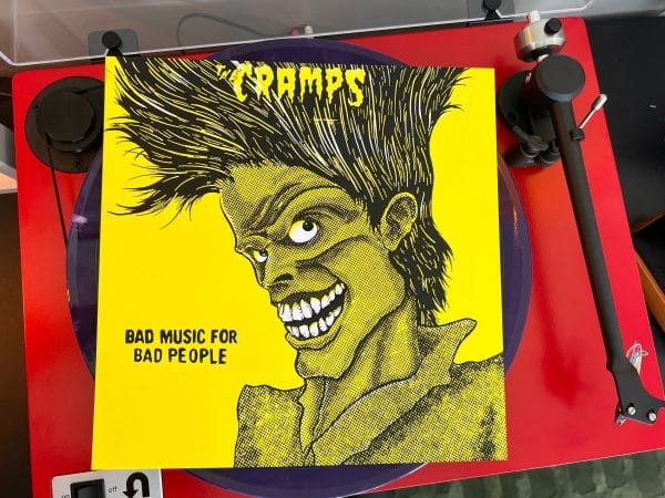 Hand-pulled screen print fan art inspired by Bad Music for Bad People by The Cramps, featuring bold halftones printed with water-based inks on white paper