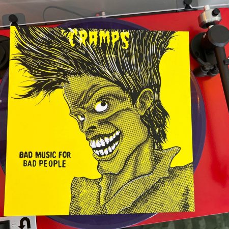 Hand-pulled screen print fan art inspired by Bad Music for Bad People by The Cramps, featuring bold halftones printed with water-based inks on white paper