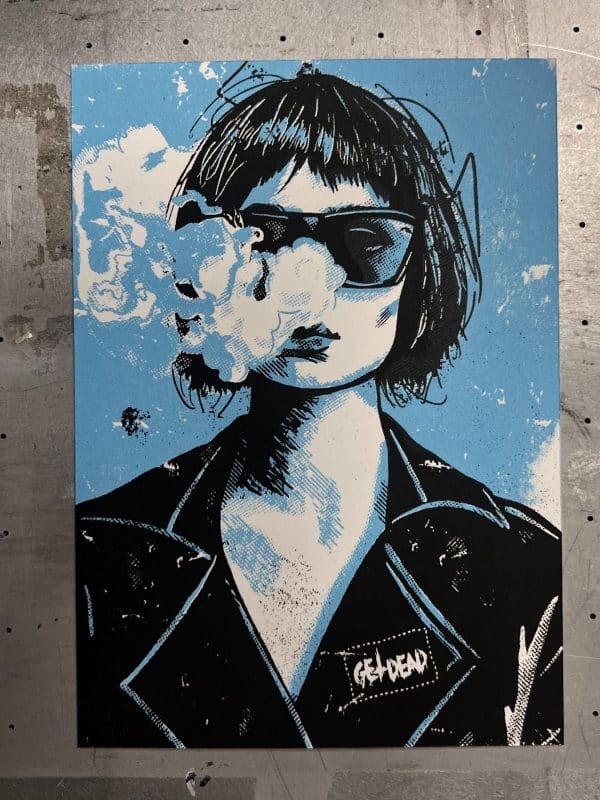 Two-color screen printed punk girl illustration wearing sunglasses and a leather jacket with a punk band patch, smoking, edgy alternative artwork