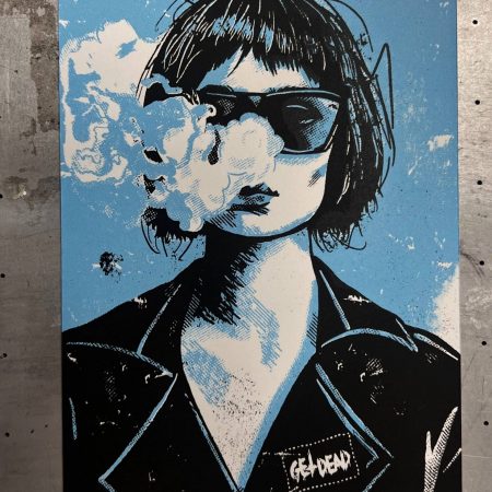 Two-color screen printed punk girl illustration wearing sunglasses and a leather jacket with a punk band patch, smoking, edgy alternative artwork