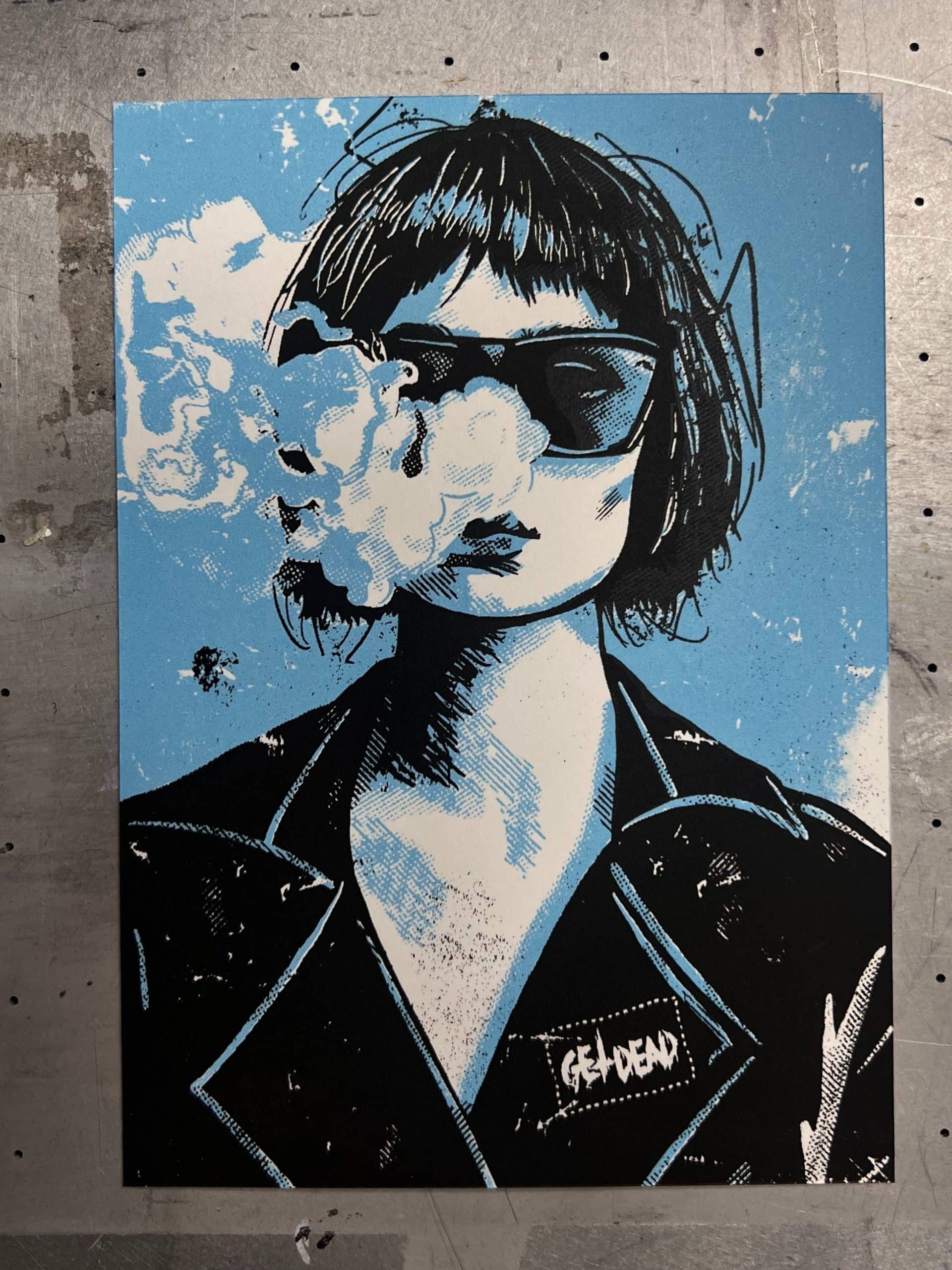Two-color screen printed punk girl illustration wearing sunglasses and a leather jacket with a punk band patch, smoking, edgy alternative artwork